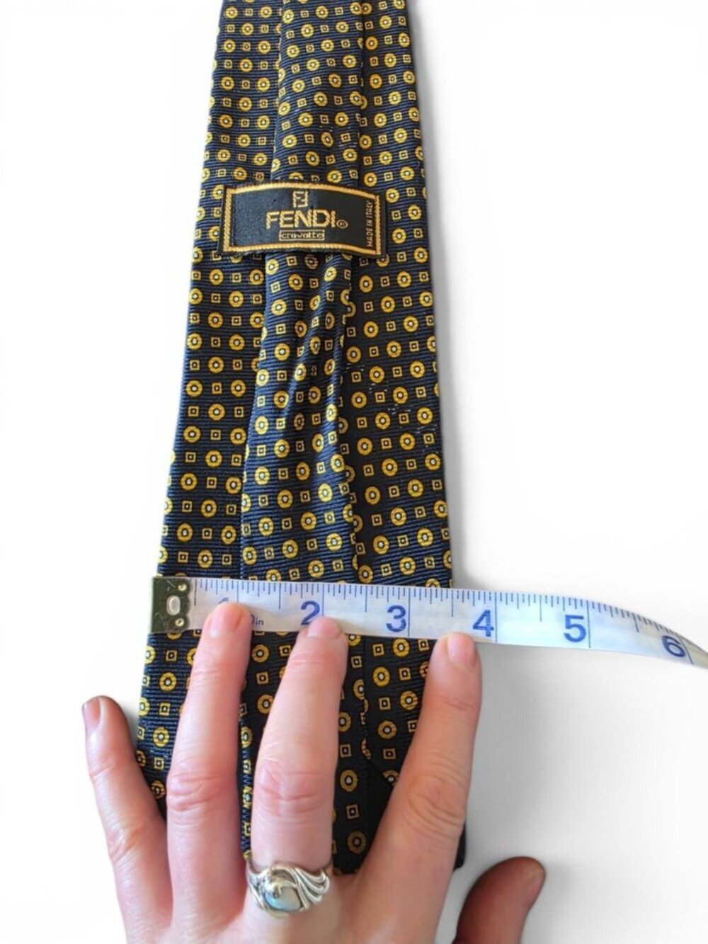 Fendi Cravatte Silk Tie Black Yellow Geometric Medallion Italy Designer Necktie - Picture 15 of 16